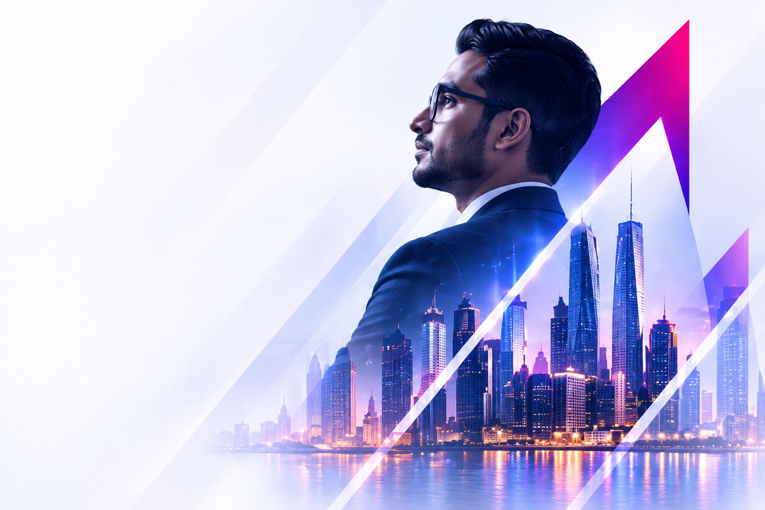 Technology leader with a city skyline and ascending purple arrow